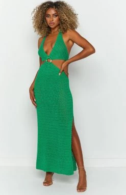 BB Exclusive Julia Green Crochet Halter Midi Dress Dresses