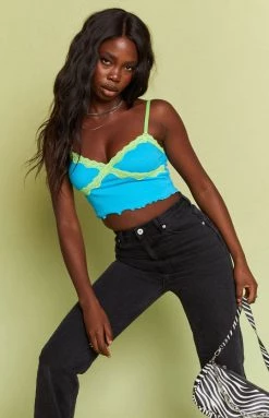 Beginning Boutique Octavia Lace Spliced Tank Top Blue Tops