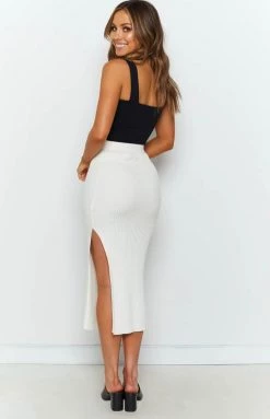 Beginning Boutique Laurena Knit Midi Skirt White Bottoms
