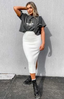 Beginning Boutique Laurena Knit Midi Skirt White Bottoms