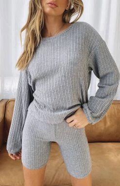 Beginning Boutique Lazy Sundays Long Sleeve Knit Grey Tops