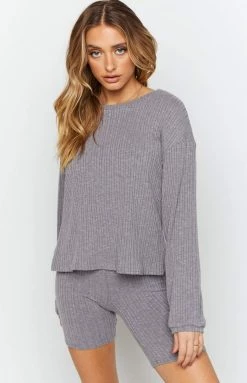 Beginning Boutique Lazy Sundays Long Sleeve Knit Grey Tops