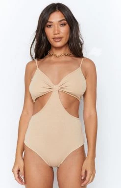 Beginning Boutique Lille Side Cut Out Knit Bodysuit Beige