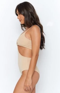 Beginning Boutique Lille Side Cut Out Knit Bodysuit Beige