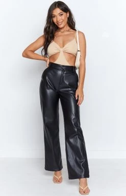 Beginning Boutique Lille Side Cut Out Knit Bodysuit Beige