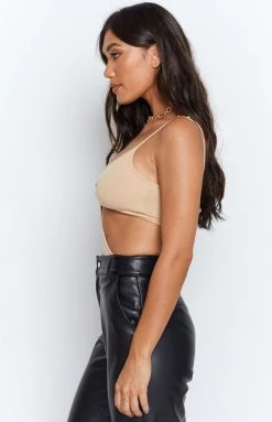 Beginning Boutique Lille Side Cut Out Knit Bodysuit Beige