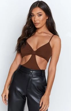 Beginning Boutique Lille Side Cut Out Knit Bodysuit Brown Tops
