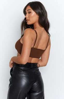 Beginning Boutique Lille Side Cut Out Knit Bodysuit Brown Tops