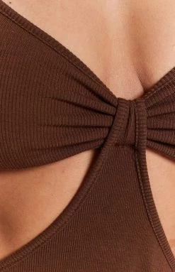 Beginning Boutique Lille Side Cut Out Knit Bodysuit Brown Tops