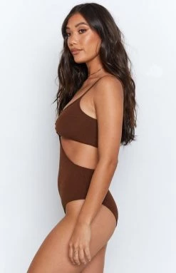 Beginning Boutique Lille Side Cut Out Knit Bodysuit Brown Tops