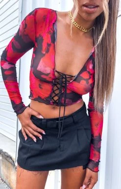 Lioness First Date Tie Top Red Floral Tops