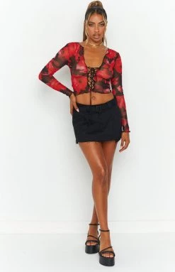 Lioness First Date Tie Top Red Floral Tops