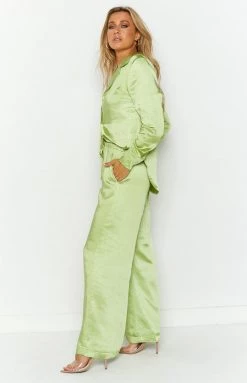 Beginning Boutique Livia Green Satin Pants