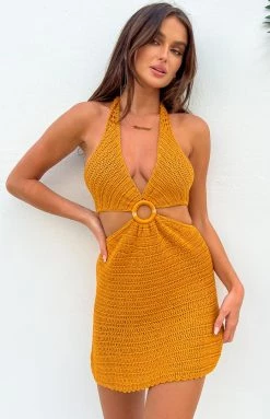 BB Exclusive Dresses Love Sick Mustard Crochet Halter Mini Dress