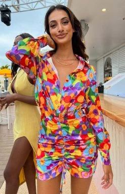 BB Exclusive Dresses Lover Satin Shirt Dress Multi Floral