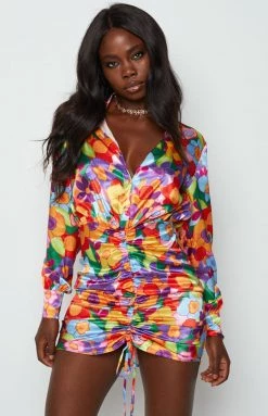 BB Exclusive Dresses Lover Satin Shirt Dress Multi Floral