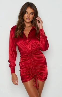 BB Exclusive Lover Satin Shirt Dress Red Dresses