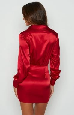 BB Exclusive Lover Satin Shirt Dress Red Dresses