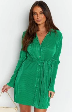 Beginning Boutique Dresses Lua Green Plisse Mini Dress