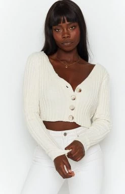 Beginning Boutique Lucy Ribbed Button Up Crop Beige Tops