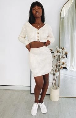 Beginning Boutique Lucy Ribbed Mini Skirt Beige Bottoms