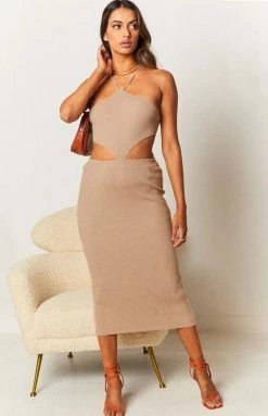Beginning Boutique Dresses Lyla Cut Out Midi Dress Beige