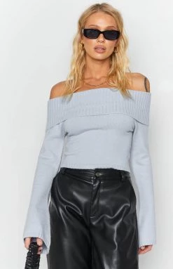 BB Exclusive Marci Off Shoulder Sweater Baby Blue Long Sleeve Tops