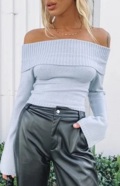 BB Exclusive Marci Off Shoulder Sweater Baby Blue Long Sleeve Tops