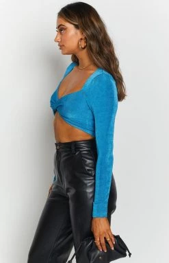 Beginning Boutique Chaser Twist Crop Top Blue Tops