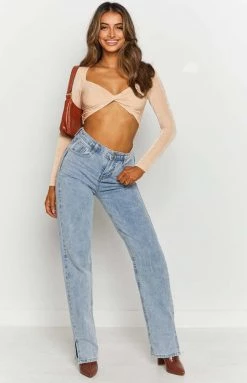 Beginning Boutique Chaser Twist Crop Top Beige