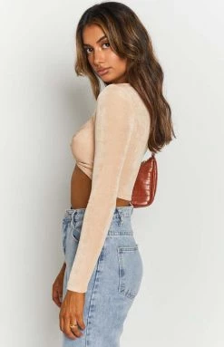 Beginning Boutique Chaser Twist Crop Top Beige
