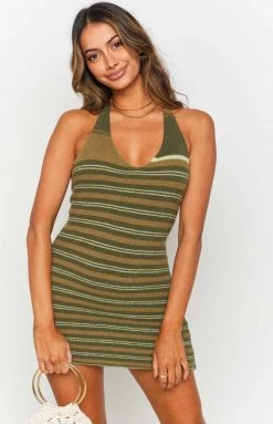 Beginning Boutique Makenzie Striped Halter Mini Dress Khaki Dresses