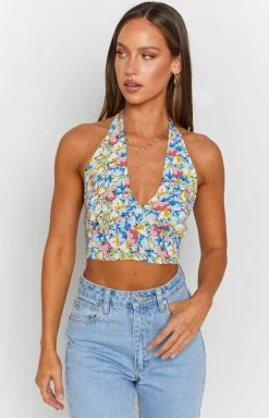 Beginning Boutique Tops Mikayla Halter Crop Blue Floral