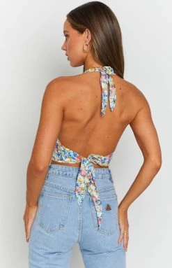 Beginning Boutique Tops Mikayla Halter Crop Blue Floral