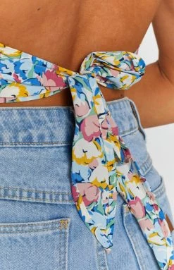 Beginning Boutique Tops Mikayla Halter Crop Blue Floral