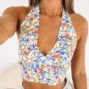 Beginning Boutique Tops Mikayla Halter Crop Blue Floral
