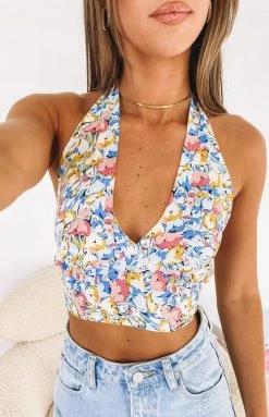 Beginning Boutique Tops Mikayla Halter Crop Blue Floral