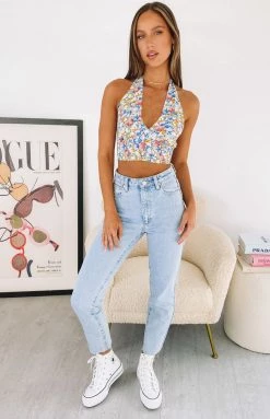Beginning Boutique Tops Mikayla Halter Crop Blue Floral
