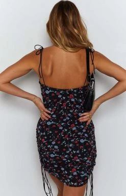 BB Exclusive Dresses My Only Vice Ruched Midi Dress Black Floral