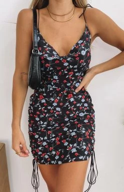 BB Exclusive Dresses My Only Vice Ruched Midi Dress Black Floral