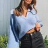 Beginning Boutique Outerwear News Alert Collared Crop Sweater Blue