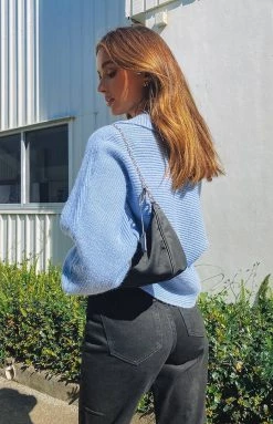 Beginning Boutique Outerwear News Alert Collared Crop Sweater Blue