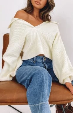 Beginning Boutique News Alert Collared Crop Sweater Cream Long Sleeve Tops