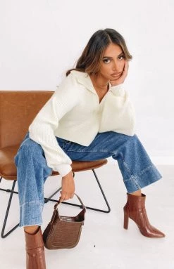 Beginning Boutique News Alert Collared Crop Sweater Cream Long Sleeve Tops