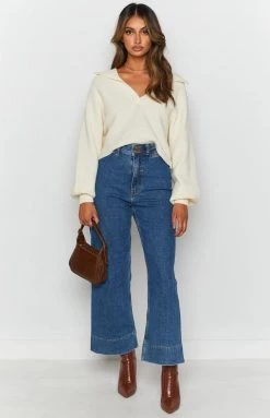 Beginning Boutique News Alert Collared Crop Sweater Cream Long Sleeve Tops