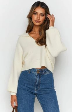 Beginning Boutique News Alert Collared Crop Sweater Cream Long Sleeve Tops