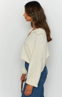Beginning Boutique News Alert Collared Crop Sweater Cream Long Sleeve Tops