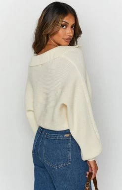 Beginning Boutique News Alert Collared Crop Sweater Cream Long Sleeve Tops