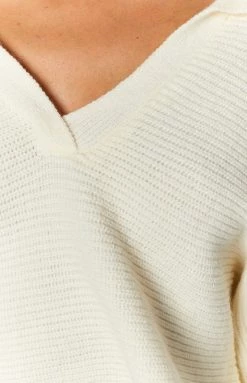 Beginning Boutique News Alert Collared Crop Sweater Cream Long Sleeve Tops