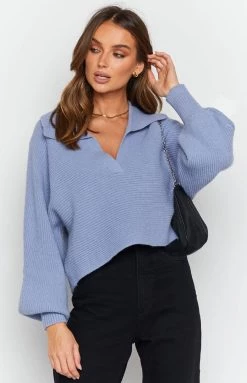 Beginning Boutique Outerwear News Alert Collared Crop Sweater Blue